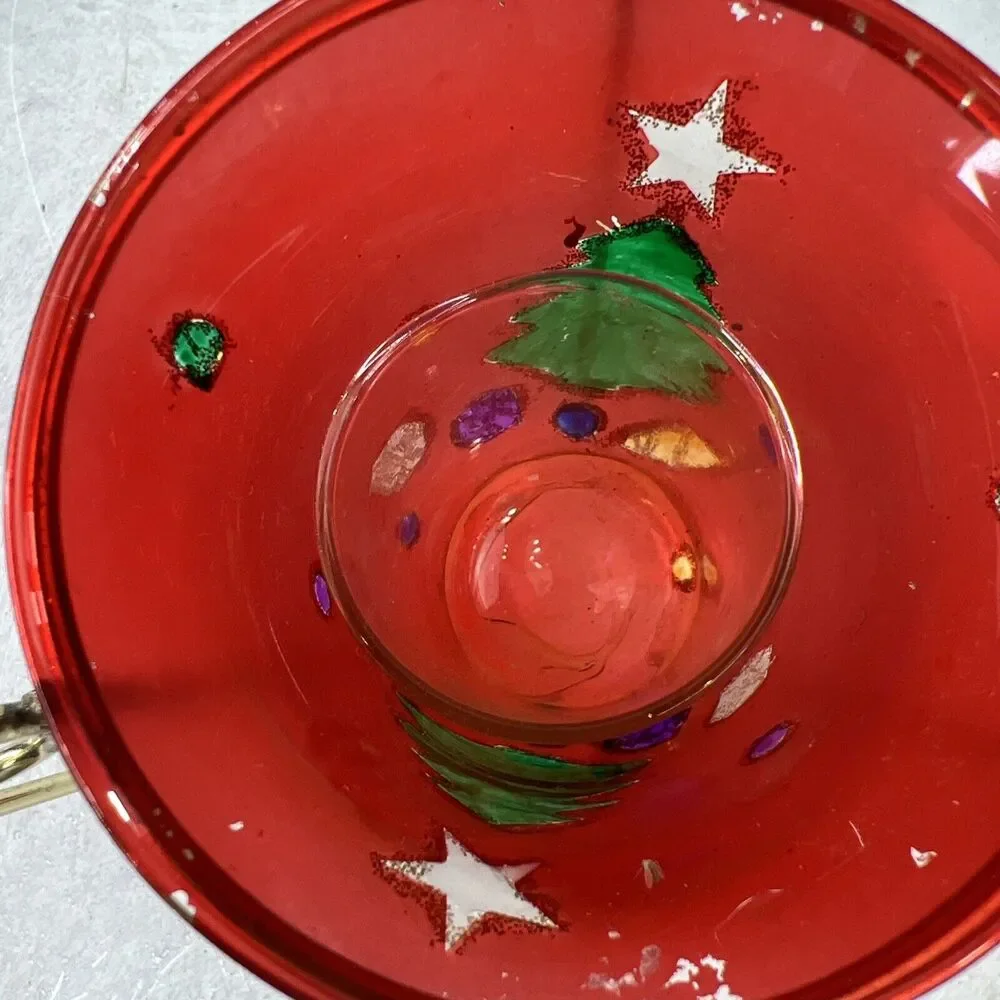 Vintage Hand painted Red Glass Candle Holder With‎ Metal Stand Chipped Paint